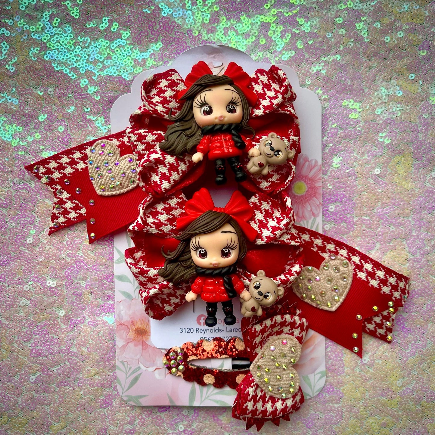 Red teddy bear and doll bow and clip set